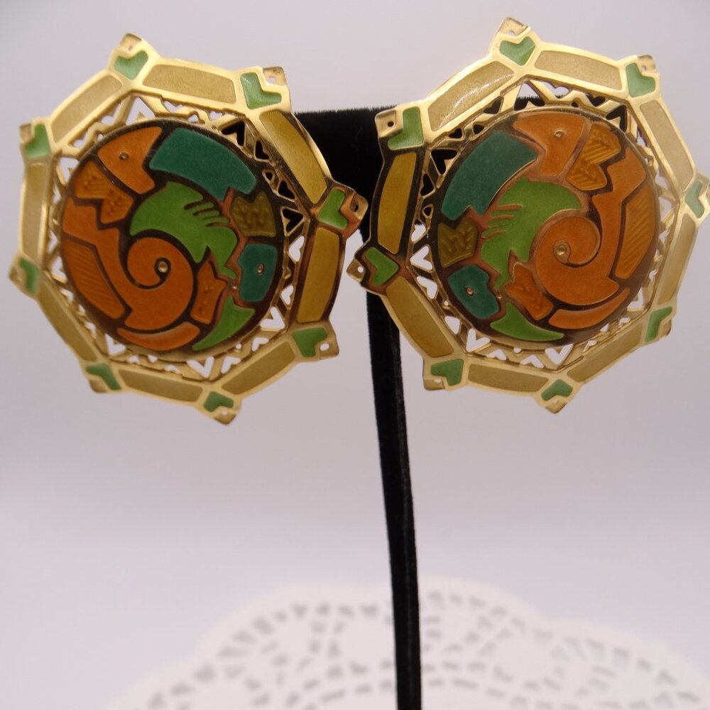 Vintage Berebi Clip on Earrings Geometric Multicolored Enamel Statement